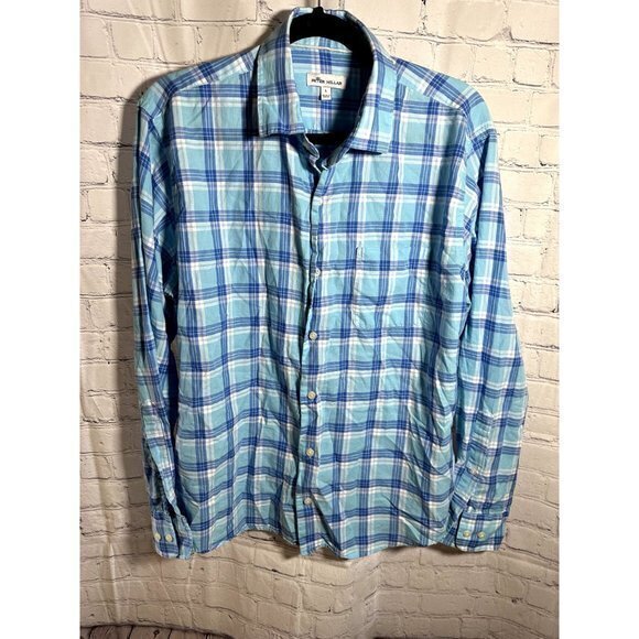 PETER MILLAR MENS BLUE PLAID LONG SLEEVE BUTTON FRONT SHIRT (L)    EUC - Picture 2 of 5